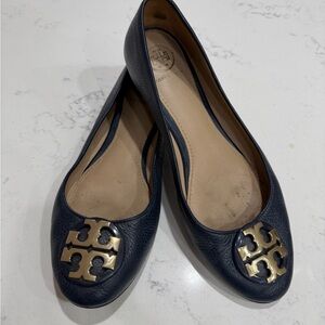 Tory Burch Dark Blue Loafers with Gold Logo